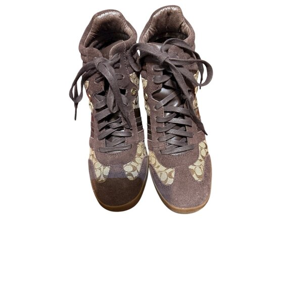 Coach Alara Brown Signature Suede Wedge Sneakers Size 8M Women’s High Top Shoes - Picture 2 of 16